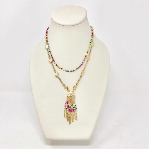 Neiman Marcus NEW Boho Multi Colored Beads 2 Tiered Gold Beaded Necklace - Picture 5 of 5